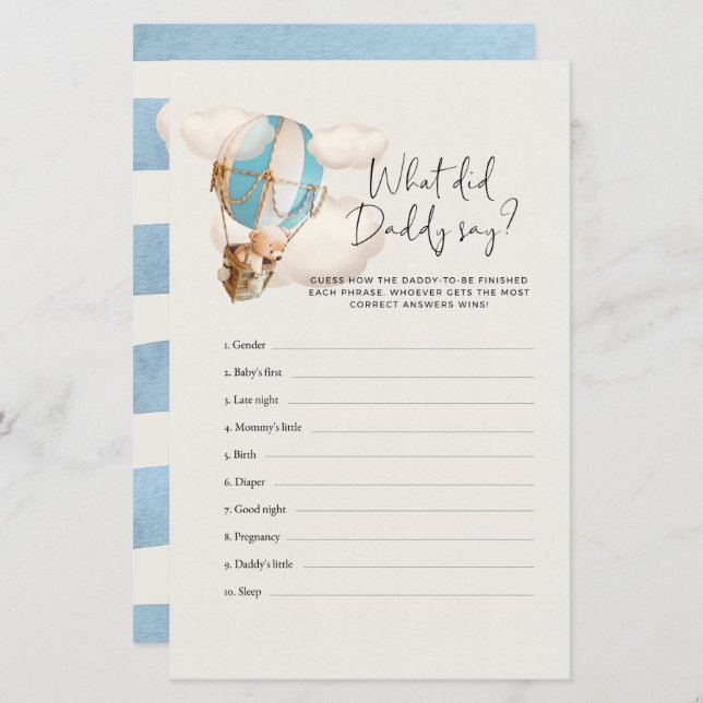 Jogo do Chá de fraldas Urso - O que o Pai disse (Frente/Verso)