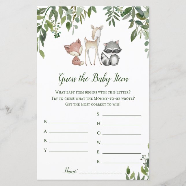 Jogo do Chá de fraldas Woodland - Adivinha O Item  (Frente)