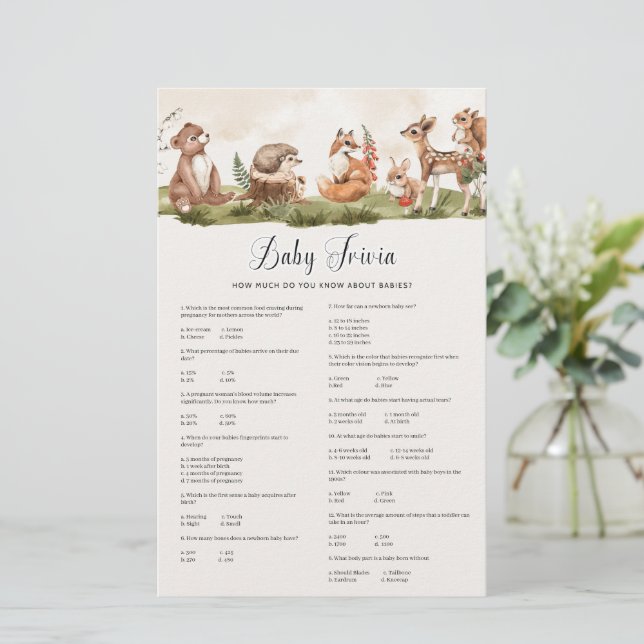 Jogo do Chá de fraldas Woodland Baby Trivia (Em pé/Frente)