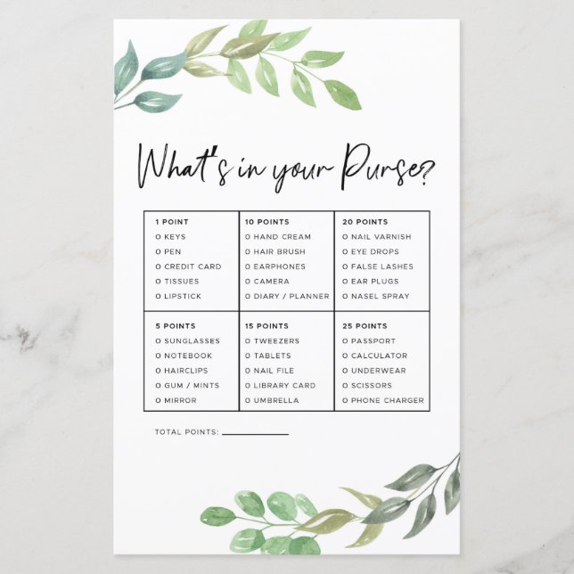 Jogo do chá de panela O que há na sua bolsa verde (Frente)