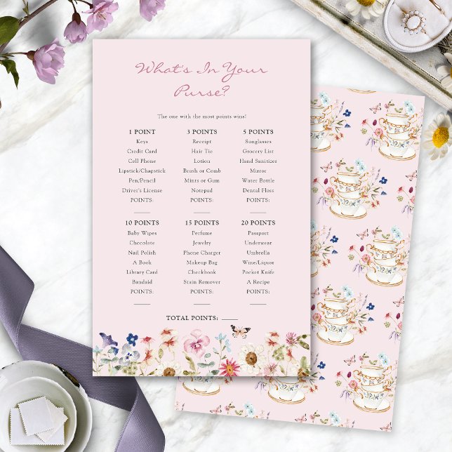 Jogo do Chá do Chá de Bebê/ Chá de Noiva (Pink Bridal Shower What's In Your Purse Tea Game by Painted Paperie
)