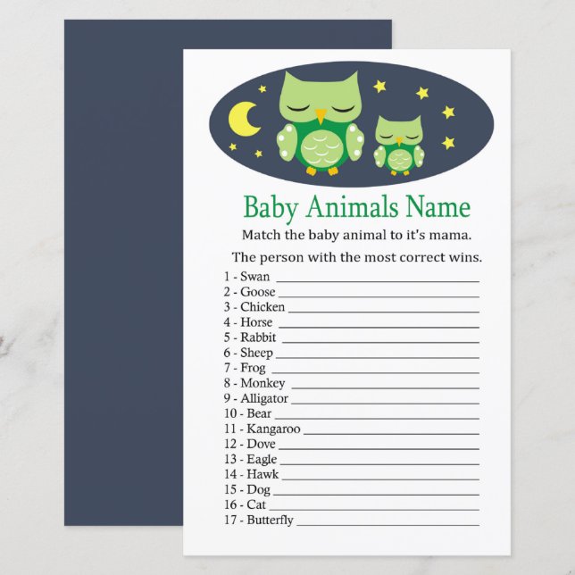 Jogo do nome de animais de bebês de coruja com son (Frente/Verso)