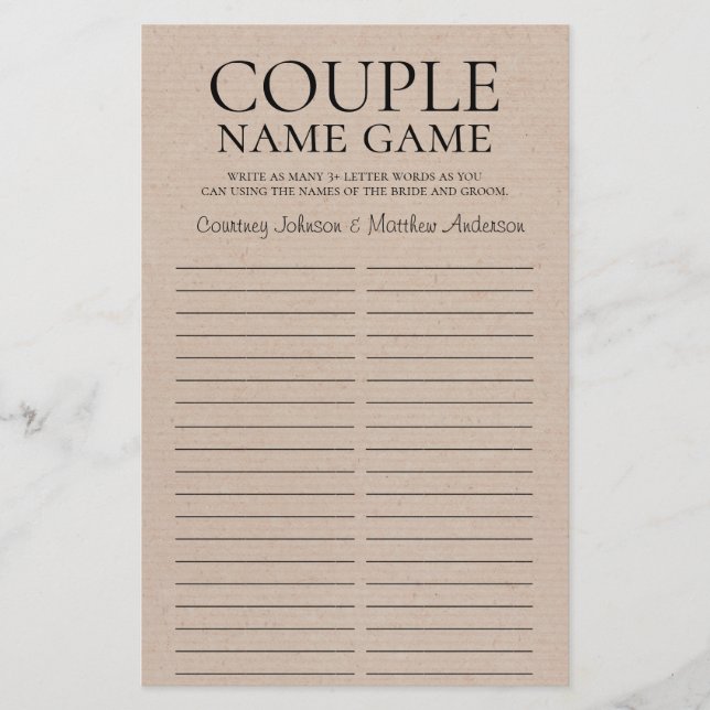 Jogo do Nome do Casal Jogo Rústico para Chá de Noi (Frente)
