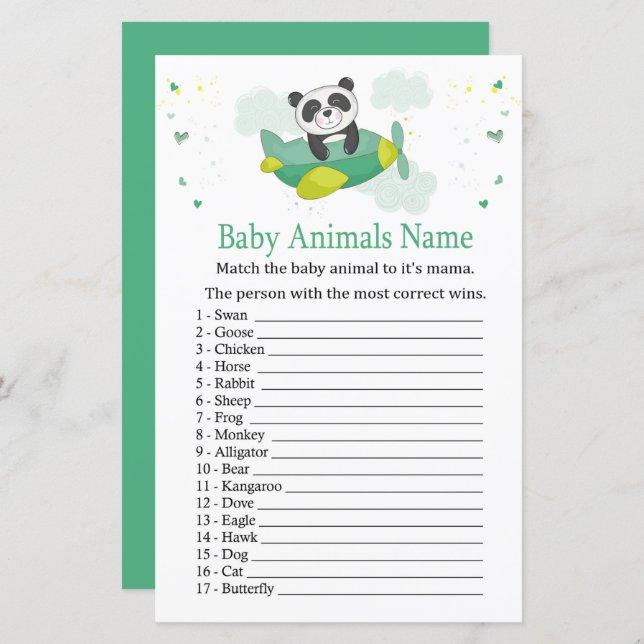 Jogo do nome dos animais de bebês de panda-branca (Frente/Verso)