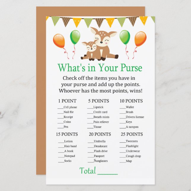 Jogo do que está na sua bolsa da pequena corça fof (Frente/Verso)