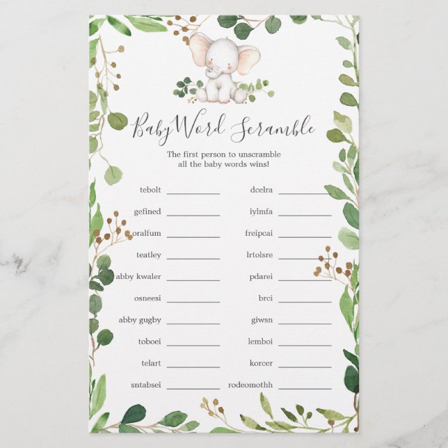 Jogo do Word Scramble do Chá de fraldas elefante (Frente)
