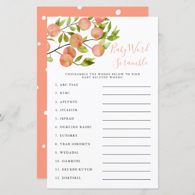 Jogo do Word Scramble do Chá de fraldas Peach (Frente/Verso)