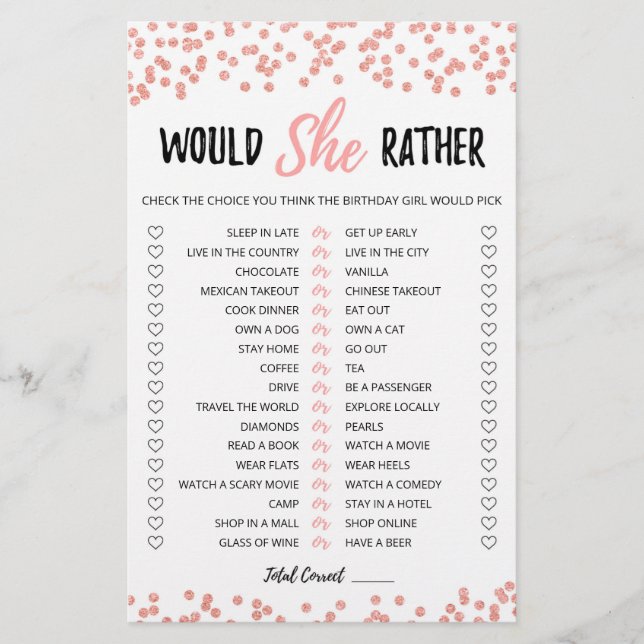Jogo editável de Aniversário Would She Rather (Frente)