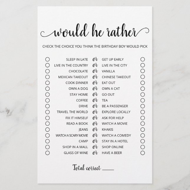 Jogo editável de 'Would He Rather' para aniversári (Frente)