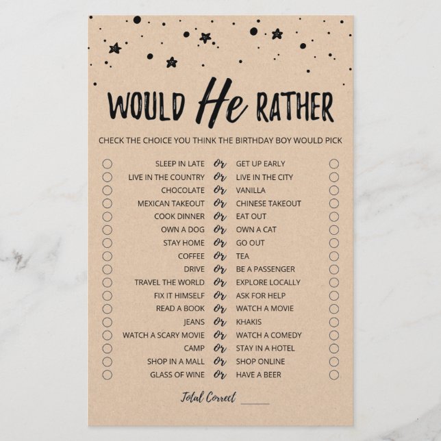 Jogo editável de 'Would He Rather' para aniversári (Frente)
