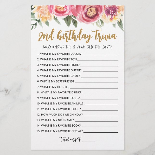 jogo editável do segundo aniversário Trivia (Frente)