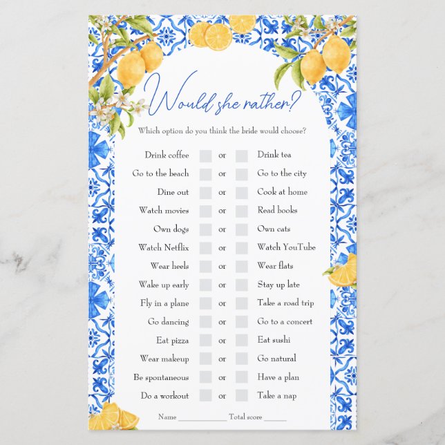 Jogo "Ela Preferiria" para Chá de Noiva com Tema d (Frente)