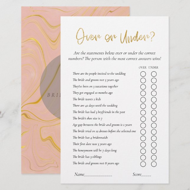 Jogo Glitter do Chá de panela Dourado Sobre ou Sob (Frente/Verso)