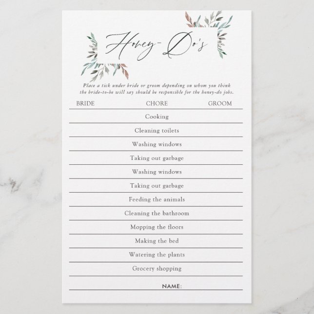 Jogo Honey-Do para Chá de Noiva de Inverno com Fol (Frente)