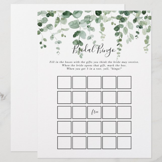 Jogo Mínimo Elegante Eucalyptus Bridal Bingo (Frente/Verso)