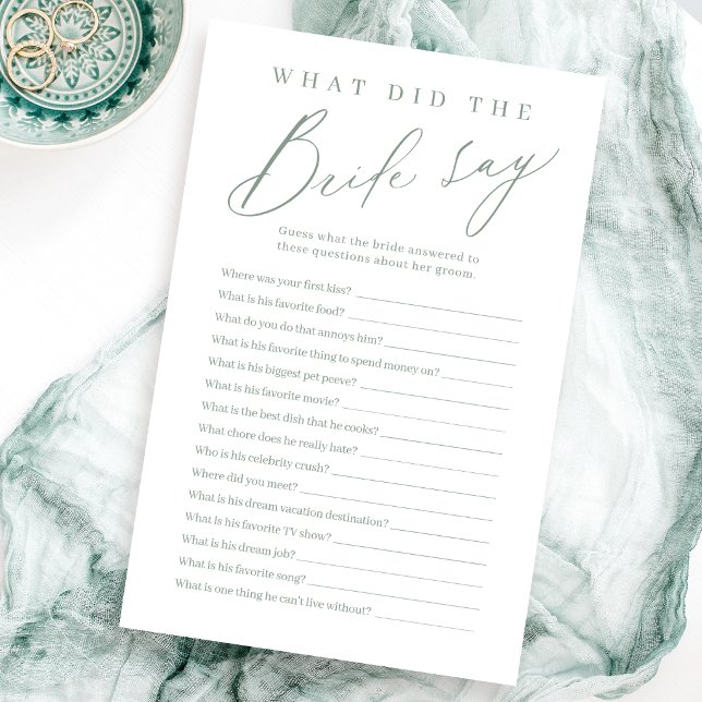 Jogo o que a noiva disse em verde sálvia com letra (Sage green script what did the bride say game)