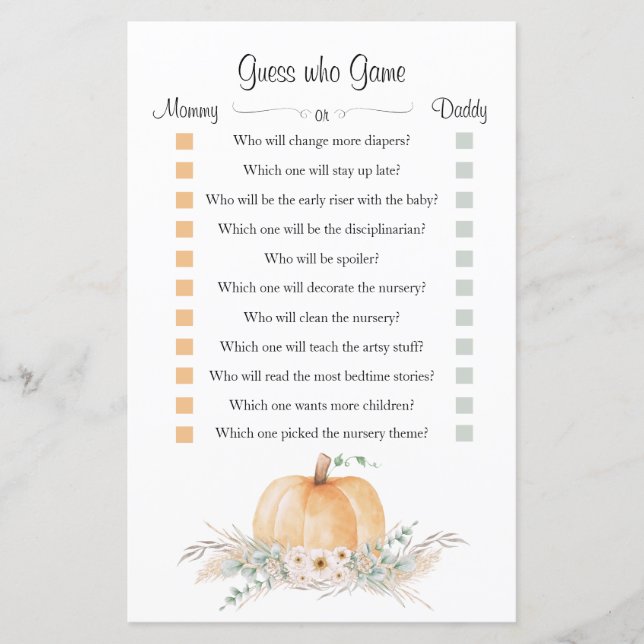 Jogo Pequeno Chá de fraldas de Abóbora "Adivinha Q (Frente)