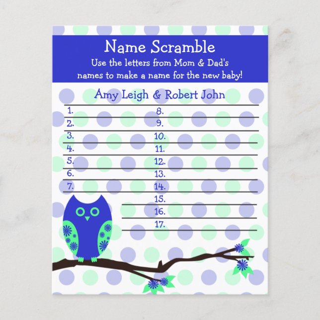 Jogo Personalizado do Chá de fraldas Blue Owl (Frente)