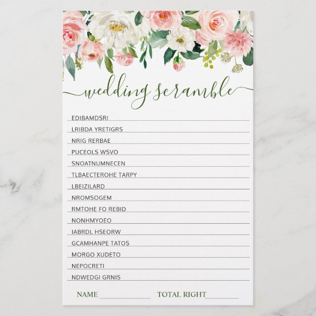 Jogo Pink Blush Flowers Chá de panela Scramble (Frente)