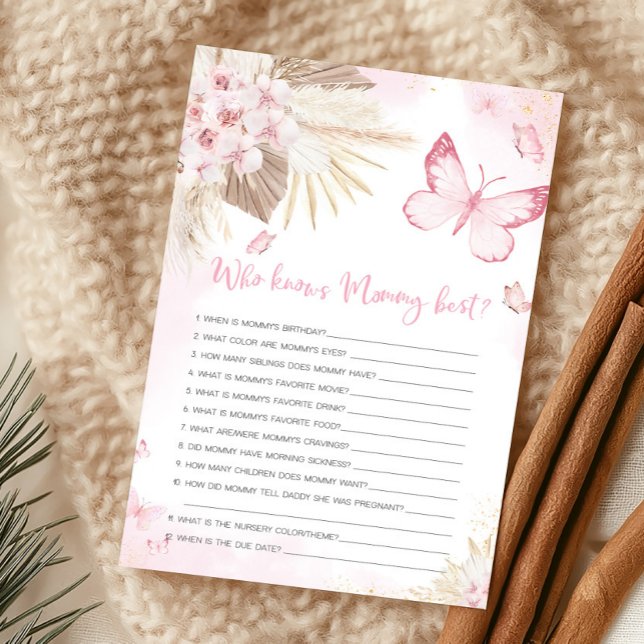 Jogo Quem Conhece Melhor a Mamãe Borboleta Rosa (Girl Butterfly Pampas Grass Baby Shower Who Knows Mommy Best Game)