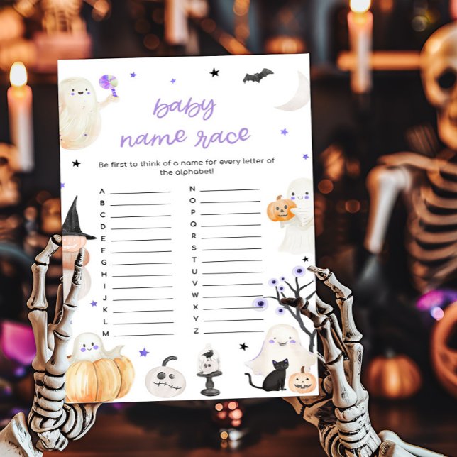 Jogo Race de Nome do Bebê Roxo do Halloween Pequen (A Little Boo Baby Shower Baby Name Race Game)
