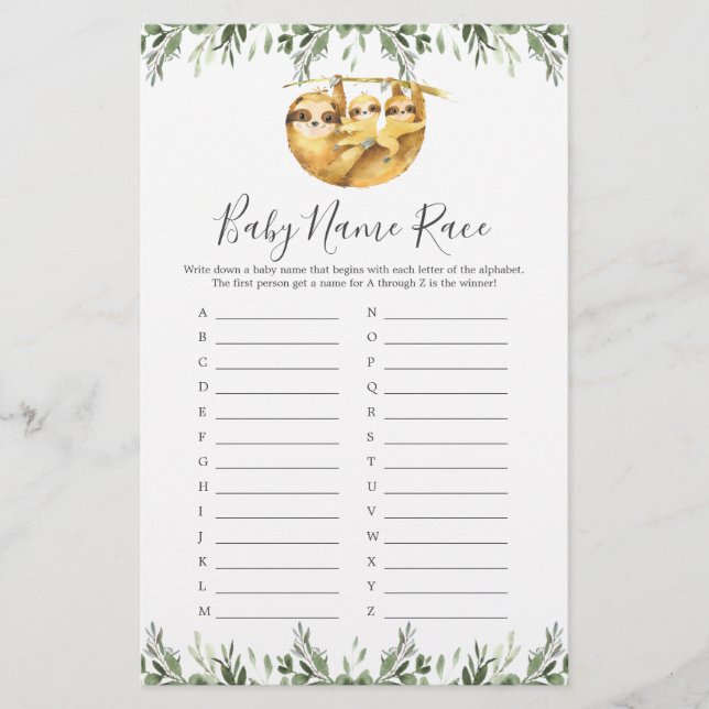 Jogo Race de Nome do Chá de fraldas Twin Sloths (Frente)