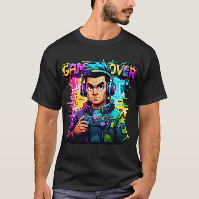 Jogo Sobre Camisa De T-Shirt Retro Neon Gamer Tee (Frente)