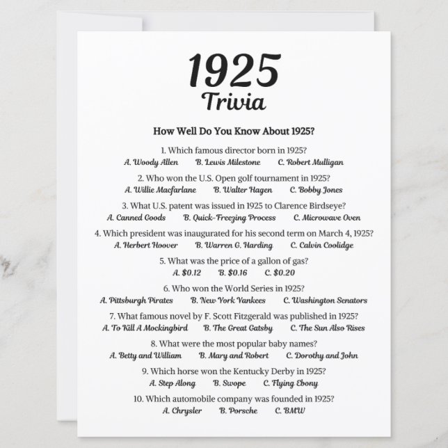 Jogo Trivia 1925 | 100º jogo de Festa de aniversár (Frente)