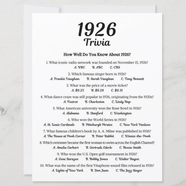 Jogo Trivia 1926 | 99º jogo de Festa de aniversári (Frente)