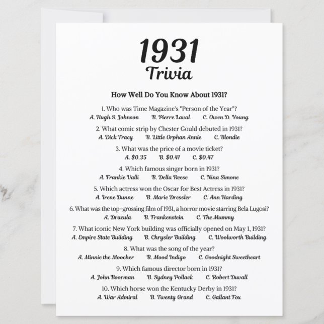 Jogo Trivia 1931 | 94º jogo de Festa de aniversári (Frente)