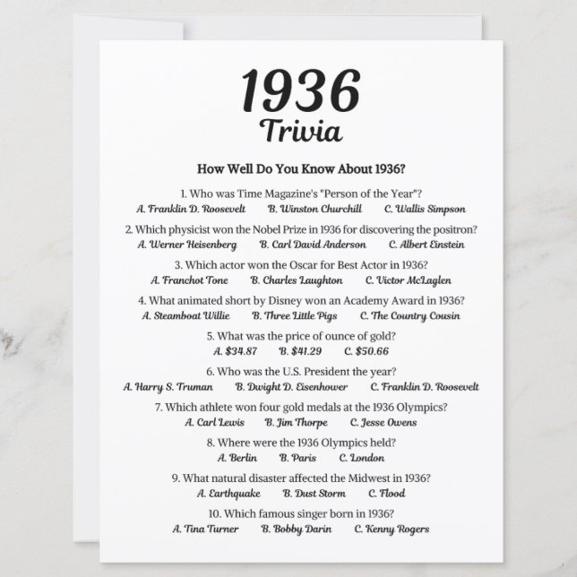 Jogo Trivia 1936 | 89º jogo de Festa de aniversári (Frente)