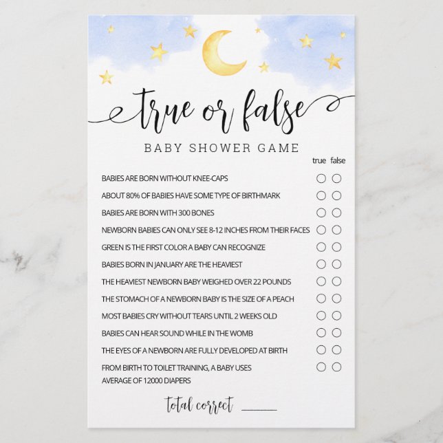 Jogo Verdadeiro ou Falso Estrelas e Lua Baby Showe (Frente)