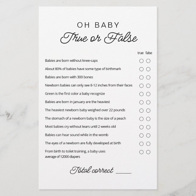 Jogo Verdadeiro ou Falso Jogo Bebê Trivia com Resp (Frente)