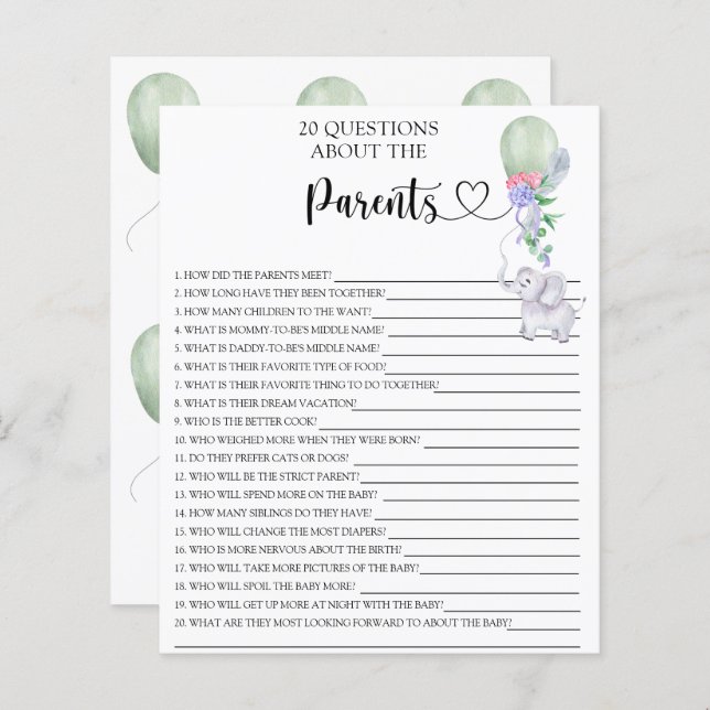 Jogos de balões e elefantes sobre os pais (Frente/Verso)