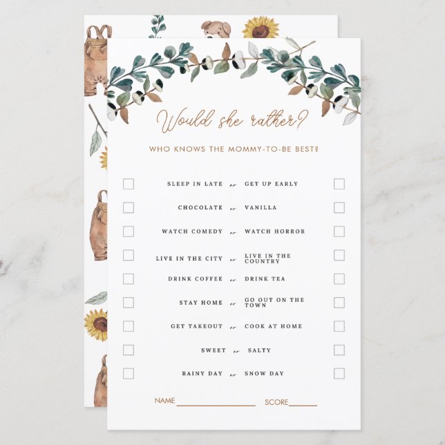 Jogos de Chá de fraldas Neutros para Gênero Boho (Frente/Verso)