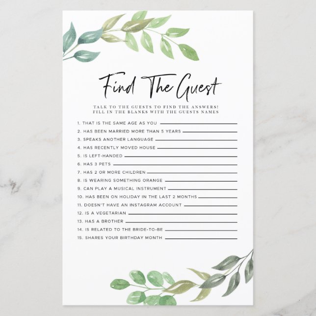 Jogos de Chá de Noiva Encontre o Convidados Folhag (Frente)