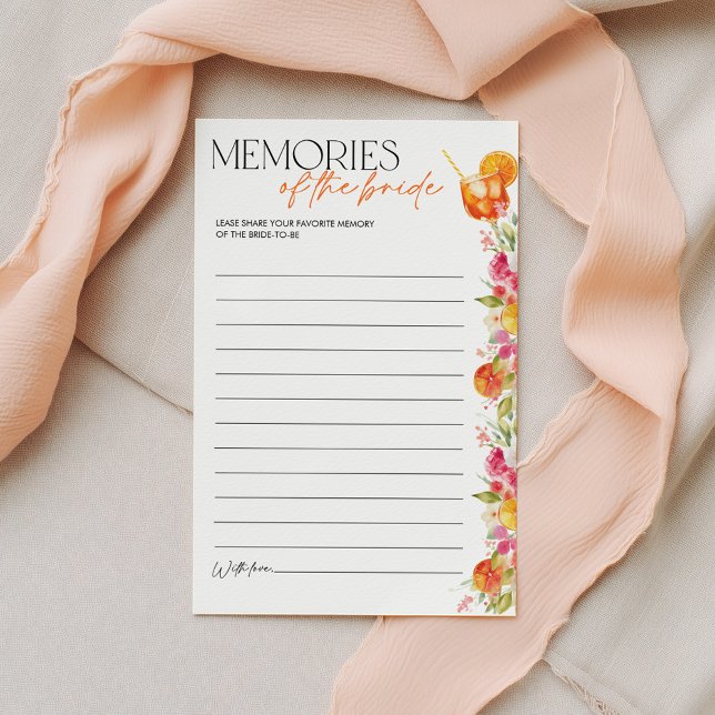Jogos de Chá de Noiva Memórias da Noiva Spritz (Memories of the Bride | Love at First Spritz Bridal Shower Game | Bright Floral Citrus)