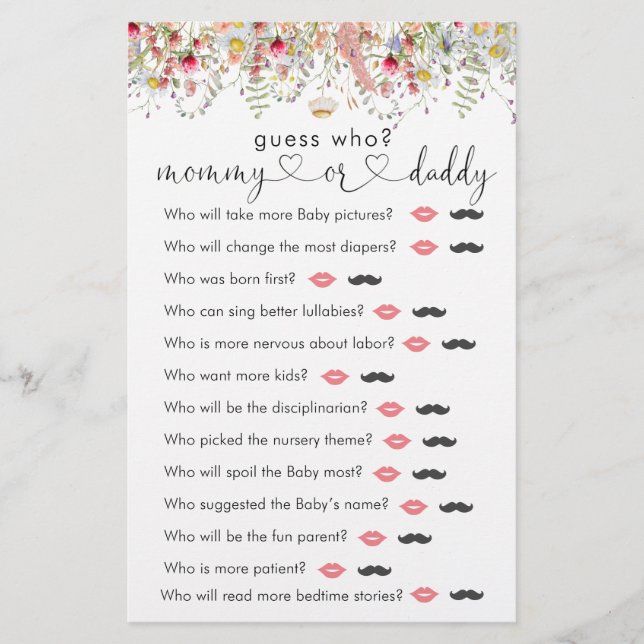 Jogos do Chá de fraldas de Prados "Adivinha Quem" (Frente)