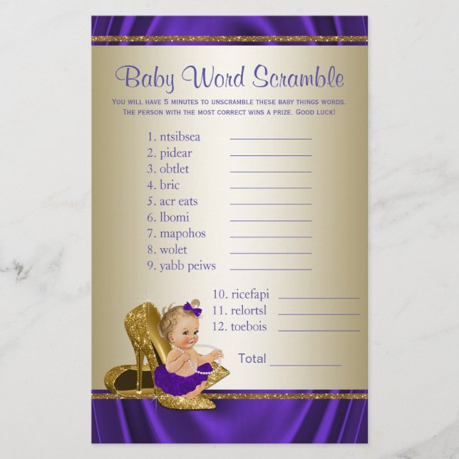 Jogos para Chás de Bebê Menina Roxo e Dourado (Frente)