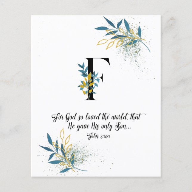 John 3:16, Letra F, Placa de script Watercolor (Frente)