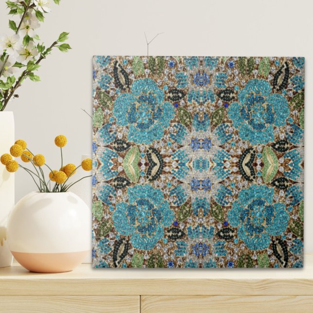 joias de ouro de vidro turquesa cristalina (bohemian girly chic silver turquoise blue flower ceramic tile)