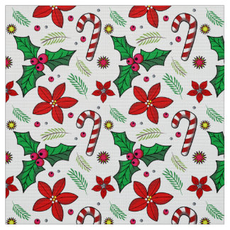 Jolly Christmas Poinsettia Holly Candy Cane tecido