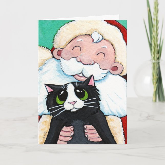 Jolly Papai Noel e Cartão de Natal de Gato Negro (Frente)