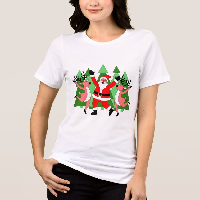 Jolly Santa and Reindeer Dance Christmas T-Shirt (Frente)