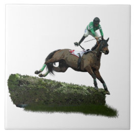 Jóquei em Cavalo Saltando em Azulejo Verde Cerâmic