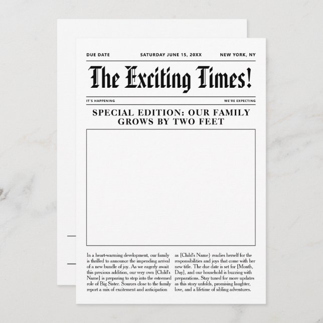 Jornal de Anúncio de Gravidez da Irmã Grande (Frente/Verso)