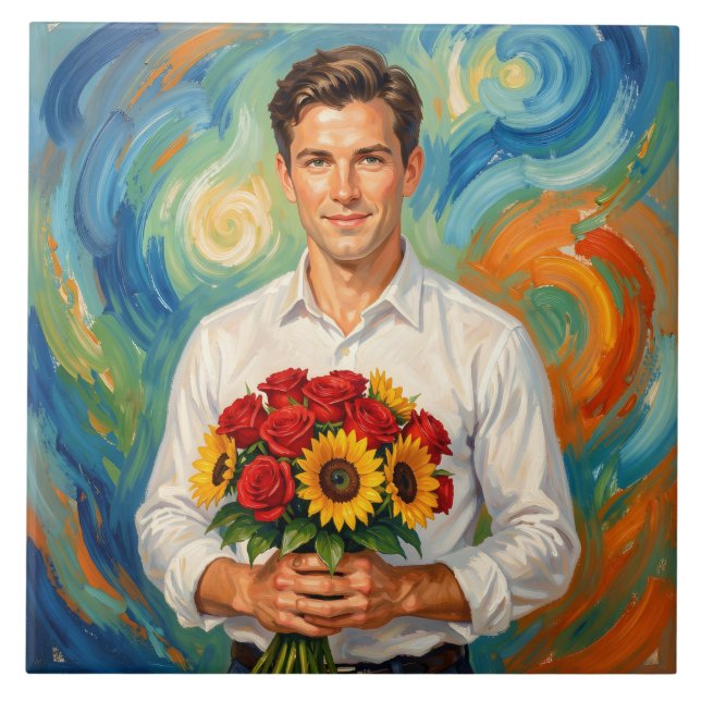 Jovem com Buquê Pintura em Estilo Retro (Frente)