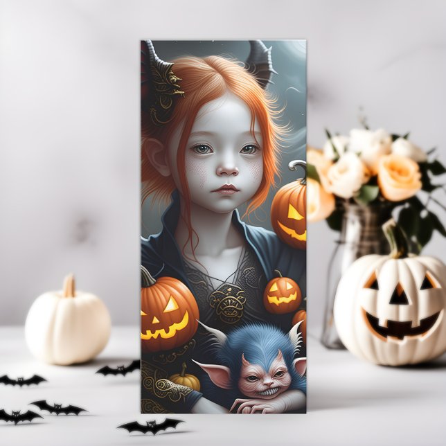 Jovem Demônio Redhead com Placa Pet Halloween (👹🎃 Mystical Connection: Halloween Fantasy Art Card! 🌙)