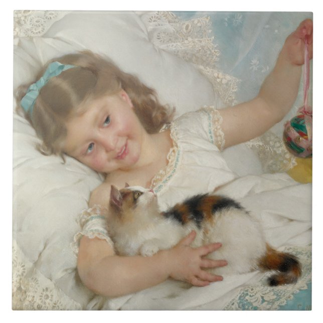 Jovem Garota Doce Brincando com Seu Gato de Estima (Frente)