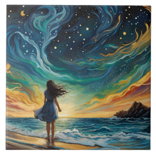 Jovens olham para as estrelas no mar